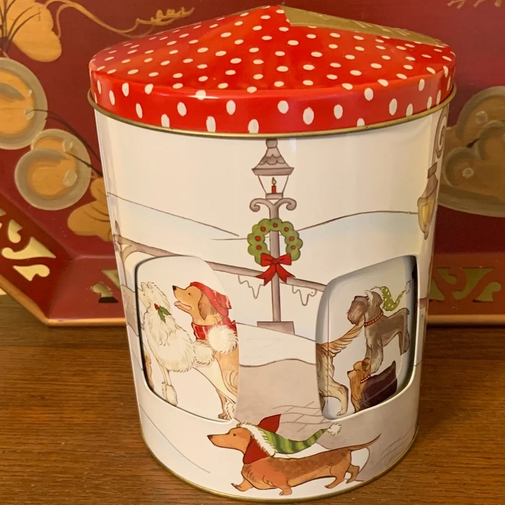Pier 1 Christmas Rotating Musical Cookie Tin with Winter Dogs PlaysJingle Bells